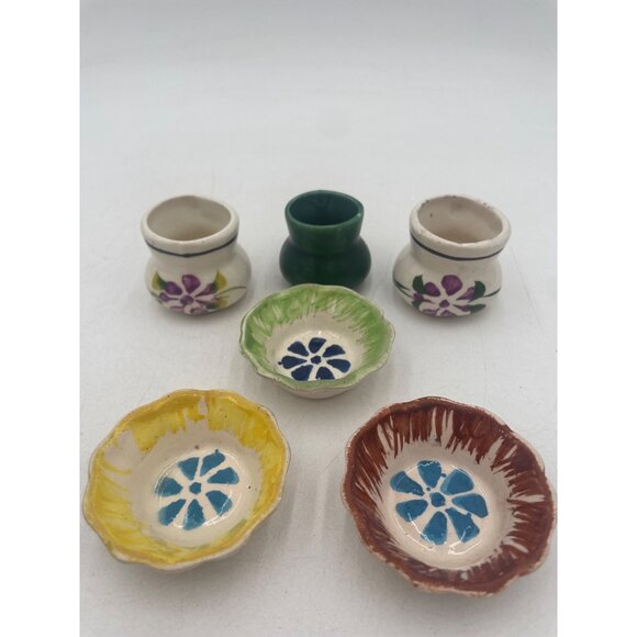 Vintage Miniature Ceramic Dishes & cups Hand-Painted Floral Designs Mexican Rust - Picture 7 of 10